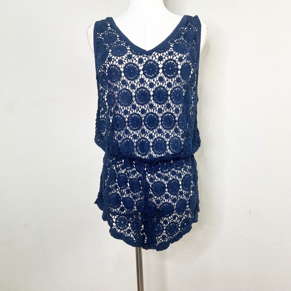 Victoria's Secret Pants - Victorias Secret Navy Blue Crochet Lace Romper Swim Cover Up Large Tassels